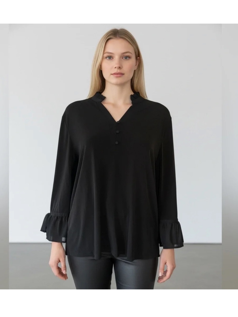 Karl Lagerfeld Black Ruffle-Cuff Pullover Top, Size L